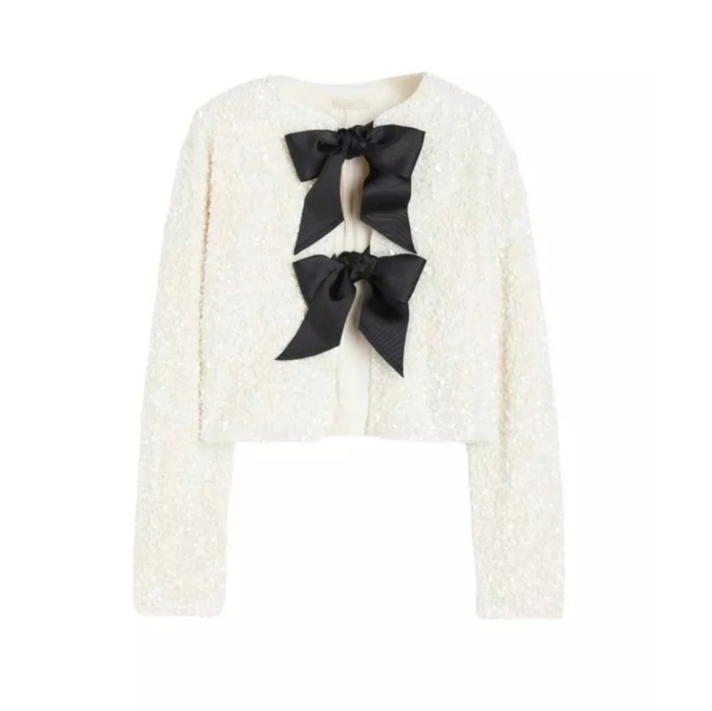 ❤️H&M White Bow Tie-Front Sequin Jacket Cardigan Top With Ribbon Viral New